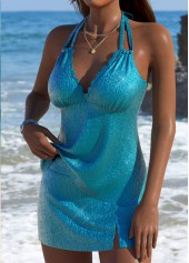 Blue swimwear,Plain Color swimwear,ROTITA Blue Mid Waisted V-Neck Tankini Set