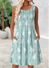Rotita – Hellblaues kurzes ärmelloses Kleid mit Rundhalsausschnitt und Blumenmuster
