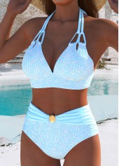 Blue swimwear,Plain Color swimwear,ROTITA Blue Mid Waisted V-Neck Bikini Set