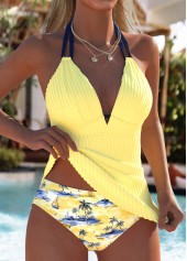 Light Yellow swimwear,Plants swimwear,ROTITA Light Yellow Tropical Plants Print Mid Waisted Tankini Set