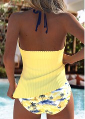 Light Yellow swimwear,Plants swimwear,ROTITA Light Yellow Tropical Plants Print Mid Waisted Tankini Set