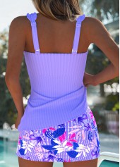 Light Purple swimwear,Floral swimwear,Plants swimwear,ROTITA Light Purple Floral Print Mid Waisted Tankini Set