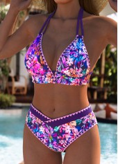 Purple swimwear,Floral swimwear,Plants swimwear,ROTITA Purple Floral Print Mid Waisted Bikini Set