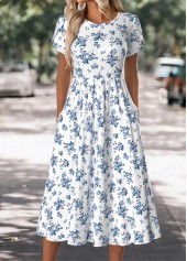 Rotita Kleid mit Blumenmuster Rundhalsausschnitt kurzärmliges weißes Kleid