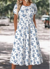 White dresses,Floral dresses,Plants dresses,Everyday dresses,Casual dresses,ROTITA Floral Print White Round Neck Short Sleeve Dress