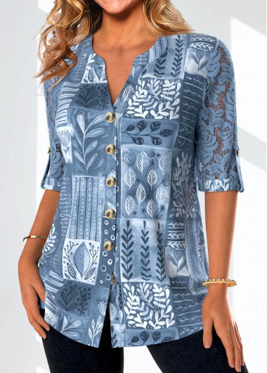 Denim Blue tops,Plants tops,ROTITA Lace Leaf Print Denim Blue Split Neck Blouse