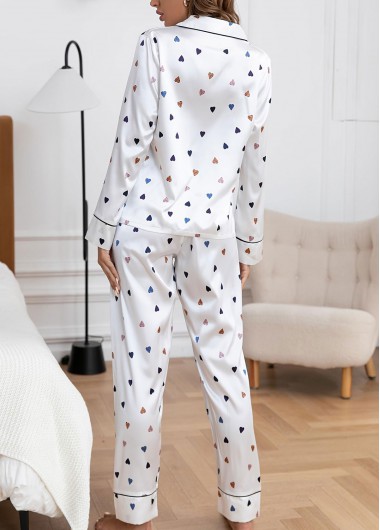White loungewear,Heart loungewear,Heart Print White Shirt Collar Lounge Top and Pants