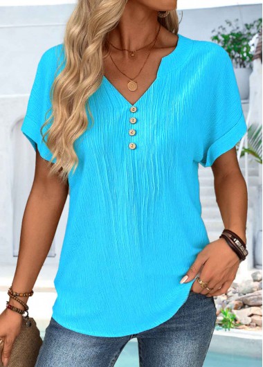 Blue plus size,Plain Color plus size,ROTITA Plus Size Button Blue Split Neck T Shirt