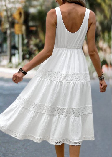 White dresses,Plain Color dresses,Everyday dresses,Casual dresses,ROTITA White Patchwork Round Neck Sleeveless Dress