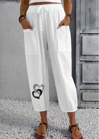 White bottoms,Heart bottoms,Heart Print White Jogger Elastic Waist High Waisted Pants