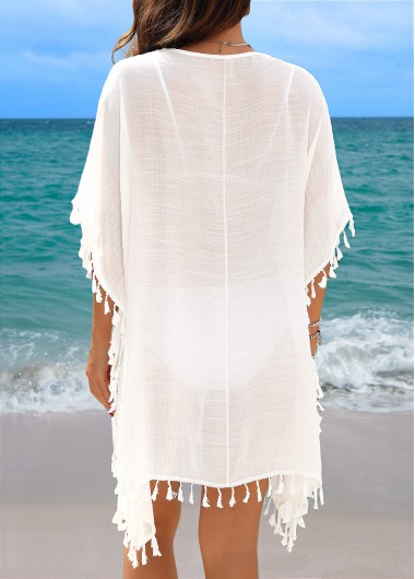 White swimwear,Contrast Color swimwear,Tummy Coverage White Tassel Cover Up