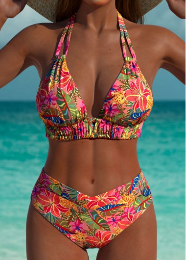 Multi Color swimwear,Plants swimwear,ROTITA Pink Tropical Plants Print Mid Waisted Bikini Set