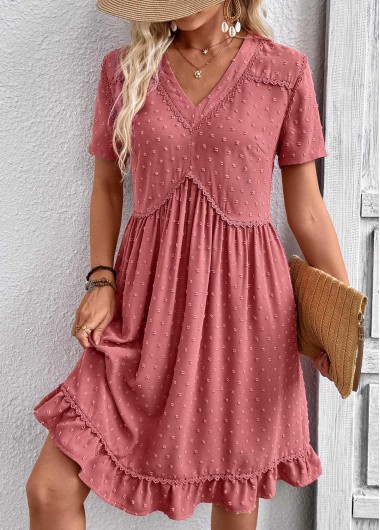 Coral dresses,Plain Color dresses,Everyday dresses,Casual dresses,ROTITA Coral A Line V Neck Short Sleeve Dress