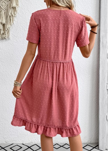 Coral dresses,Plain Color dresses,Everyday dresses,Casual dresses,ROTITA Coral A Line V Neck Short Sleeve Dress