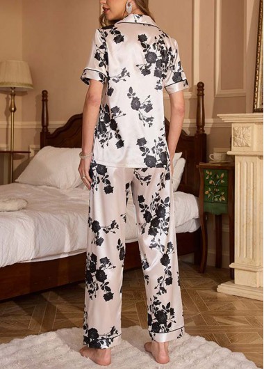 Beige loungewear,Floral loungewear,Plants loungewear,Floral Print Beige Short Sleeve Lounge Top and Pants