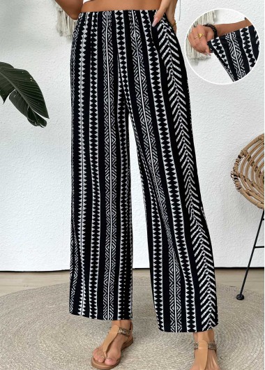 Black bottoms,Tribal bottoms,Tribal Print Black Straight Leg Elastic Waist Pants