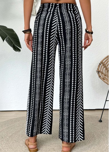Black bottoms,Tribal bottoms,Tribal Print Black Straight Leg Elastic Waist Pants