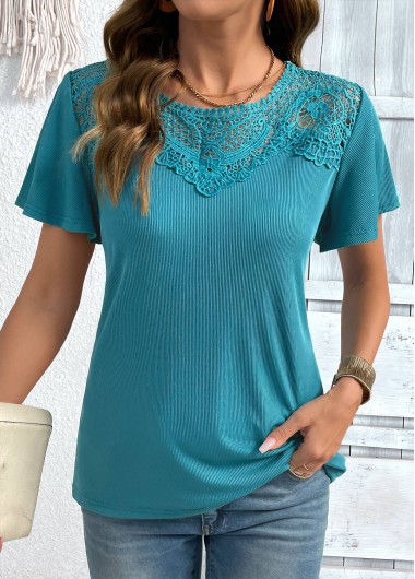 Turquoise tops,Plain Color tops,ROTITA Turquoise Round Neck Short Sleeve T Shirt