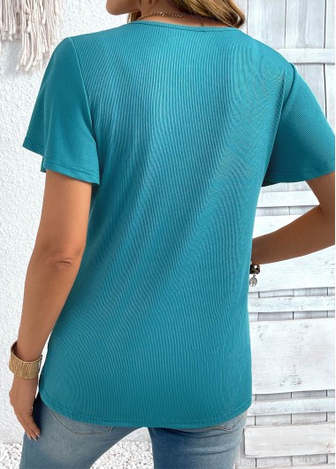 Turquoise tops,Plain Color tops,ROTITA Turquoise Round Neck Short Sleeve T Shirt
