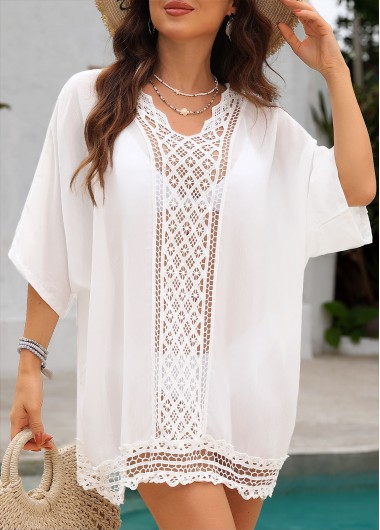 White swimwear,Plain Color swimwear,White 3/4 Sleeve V Neck Cover Up