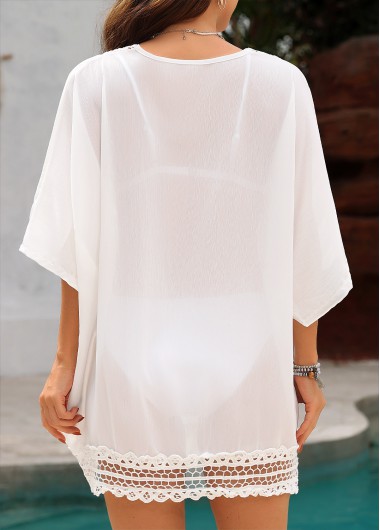 White swimwear,Plain Color swimwear,White 3/4 Sleeve V Neck Cover Up