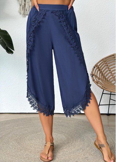 Denim Blue bottoms,Plain Color bottoms,Denim Blue Wide Leg Elastic Waist Mid Waisted Pants