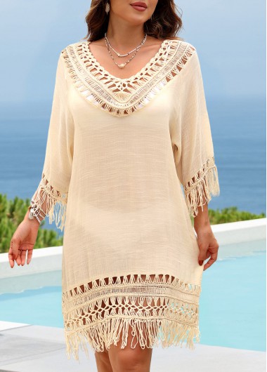 Beige swimwear,Plain Color swimwear,Beige V Neck Hollow Out Cover Up