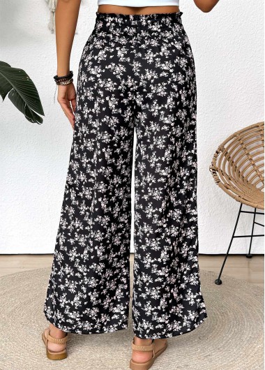 Black bottoms,Ditsy Floral bottoms,Ditsy Floral Print Black Wide Leg Elastic Waist Pants