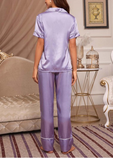 Purple loungewear,Plain Color loungewear,Purple Turn Down Collar Lounge Top and Pants