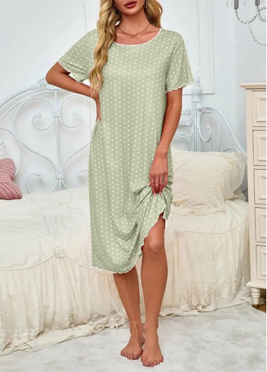 Light Green loungewear,Dot loungewear,Polka Dot Light Green Round Neck Short Sleeve Nightdress