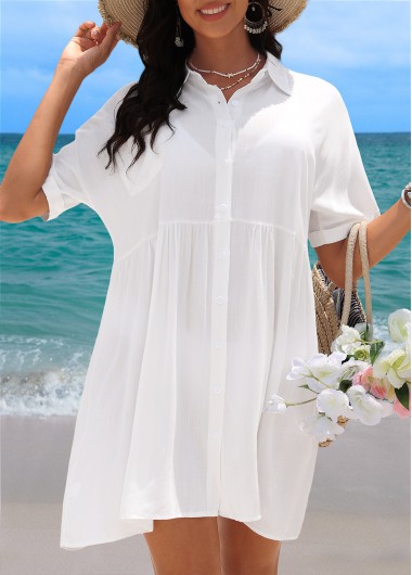 White swimwear,Plain Color swimwear,White Shirt Collar Ruched Cover Up