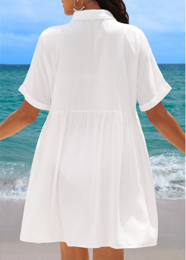 White swimwear,Plain Color swimwear,White Shirt Collar Ruched Cover Up