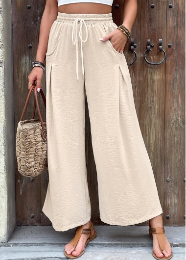 Light Camel bottoms,Plain Color bottoms,Light Camel Wide Leg Elastic Waist High Waisted Pants