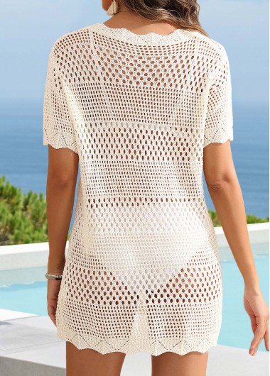Beige swimwear,Plain Color swimwear,Beige Round Neck Scalloped Hem Cover Up