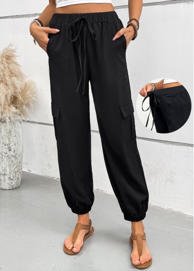 Black bottoms,Plain Color bottoms,Pocket Black Jogger Elastic Waist High Waisted Pants