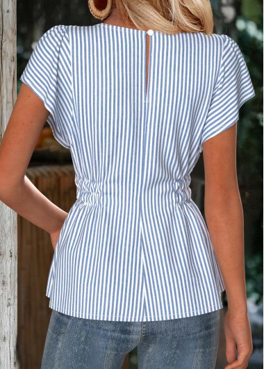 Dusty Blue tops,Striped tops,Geometric tops,ROTITA Striped Dusty Blue Round Neck Short Sleeve Blouse