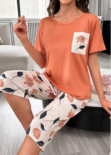 Orange loungewear,Plants loungewear,Plants Print Orange Round Neck Lounge Top and Pants