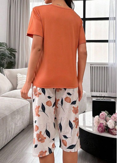 Orange loungewear,Plants loungewear,Plants Print Orange Round Neck Lounge Top and Pants