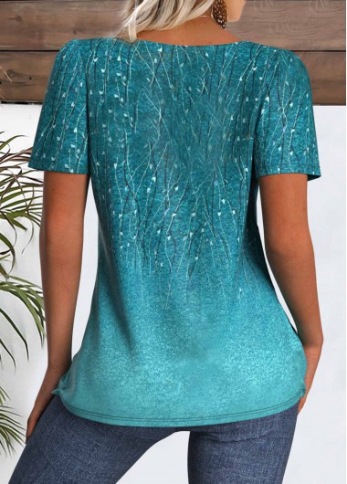 Peacock Blue tops,Plants tops,ROTITA Leaf Print Peacock Blue Square Neck T Shirt
