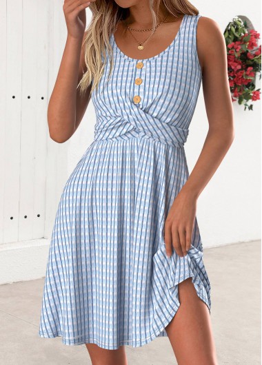 Dusty Blue dresses,Plain Color dresses,Everyday dresses,Casual dresses,ROTITA Dusty Blue Short Round Neck Sleeveless Dress