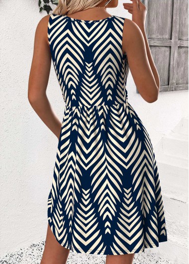 Navy dresses,Chevron dresses,Everyday dresses,Casual dresses,ROTITA Chevron Print Navy Short Round Neck Sleeveless Dress