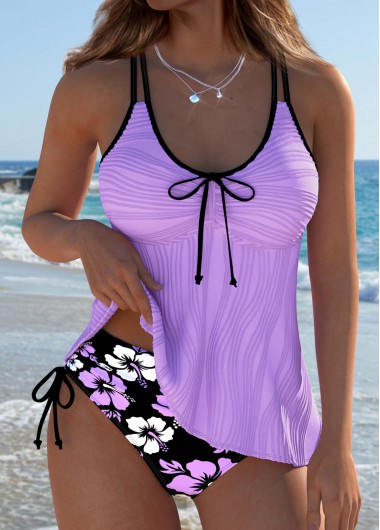 Purple swimwear,Floral swimwear,Plants swimwear,ROTITA Purple Floral Print Mid Waisted Tankini Set