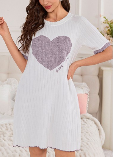 Dusty Purple loungewear,Heart loungewear,Heart Print Dusty Purple Round Neck Short Sleeve Nightdress