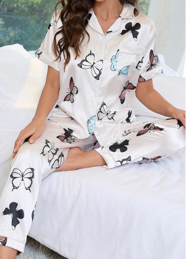 White loungewear,Animal Print loungewear,Butterfly Print White Shirt Collar Lounge Top and Pants