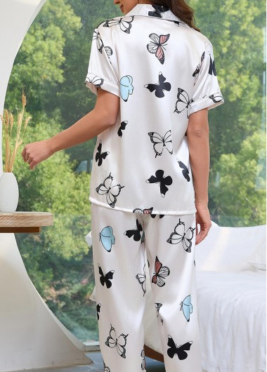 White loungewear,Animal Print loungewear,Butterfly Print White Shirt Collar Lounge Top and Pants