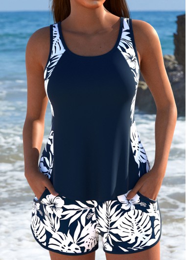 Navy swimwear,Floral swimwear,Plants swimwear,ROTITA Navy Floral Print Mid Waisted Tankini Set