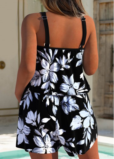 Black swimwear,Floral swimwear,Plants swimwear,ROTITA Black Floral Print One Piece Swimwear