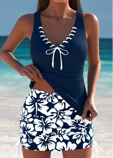 Navy swimwear,Plants swimwear,Floral swimwear,ROTITA Navy Tropical Plants Print Mid Waisted Tankini Set