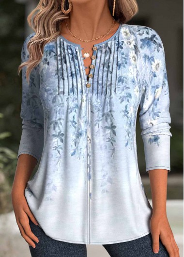 Light Blue tops,Floral tops,Plants tops,ROTITA Floral Print Light Blue Split Neck T Shirt