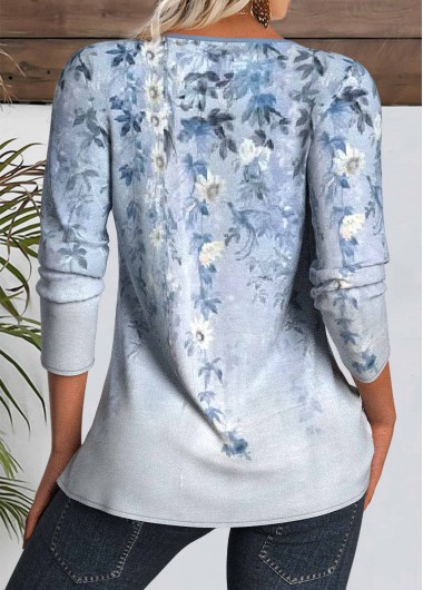 Light Blue tops,Floral tops,Plants tops,ROTITA Floral Print Light Blue Split Neck T Shirt